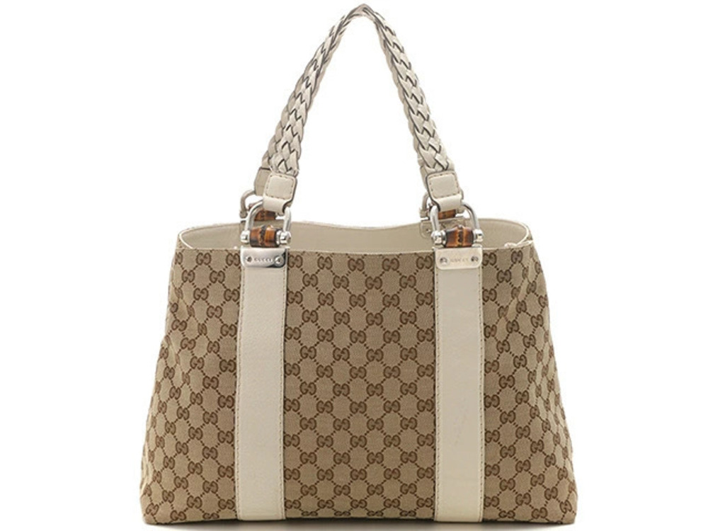 Gucci Tote Bag Beige Cream White GG Canvas Leather KR